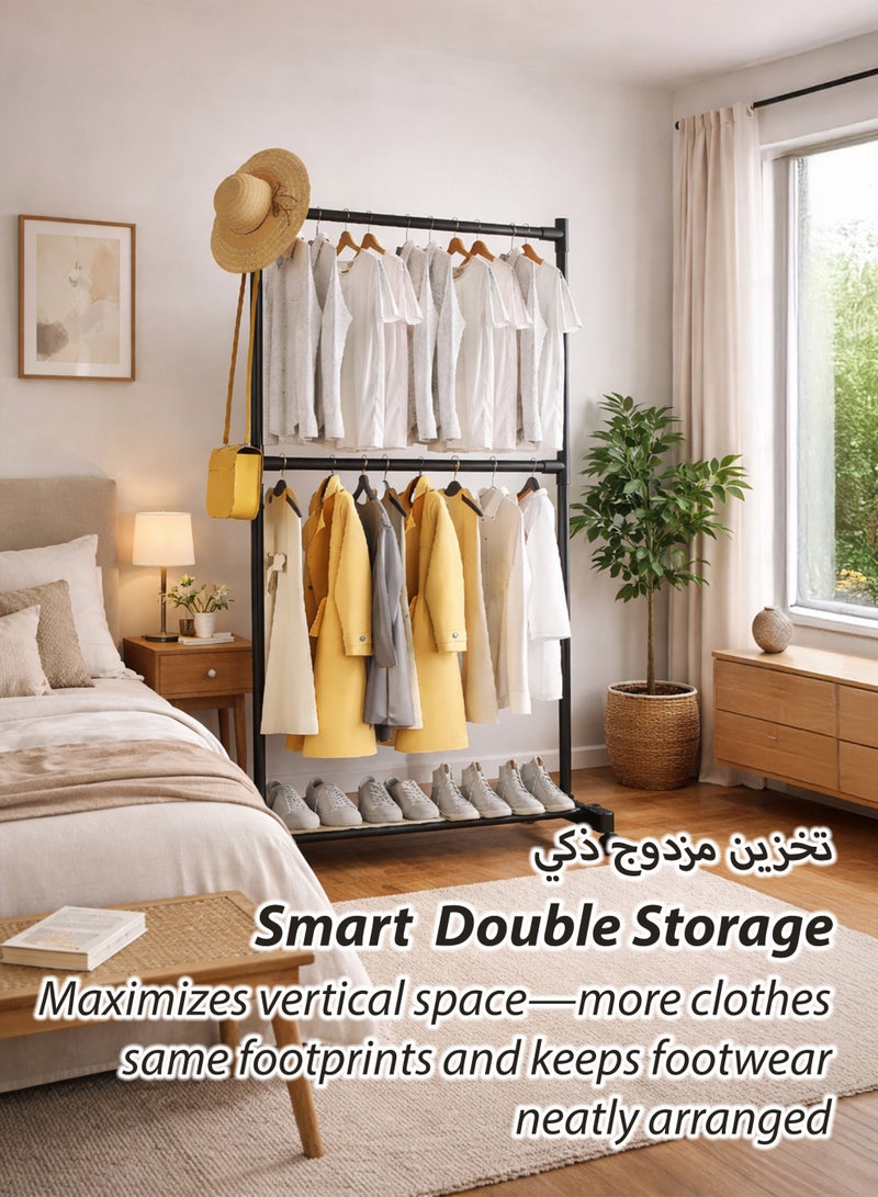 توشيونيكس رف ملابس مزدوج القضبان، قابل للتحويل إلى رف تجفيف ملابس مزدوج الطبقات، منظم ملابس، خزانة مفتوحة مع قضبان تعليق من طبقتين ورف تخزين سفلي، أنابيب فولاذية متينة 22 مم، سعة تحميل كبيرة تصل إلى 40 كجم، يتميز بقضيبين أفقيين لتعليق الملابس، مناسب لغرفة الغسيل، الشرفة، ملاءات غرفة النوم، الألحفة، البطانيات، المعاطف، التنانير، القمصان، القبعات، حامل سترات، 76 × 42 × 180 سم - Image 3